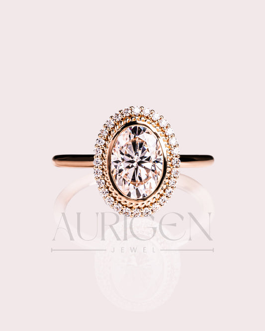 Moissanite and Lab Grown Diamond- Oval Cut Bezel Setting Ring With Halo