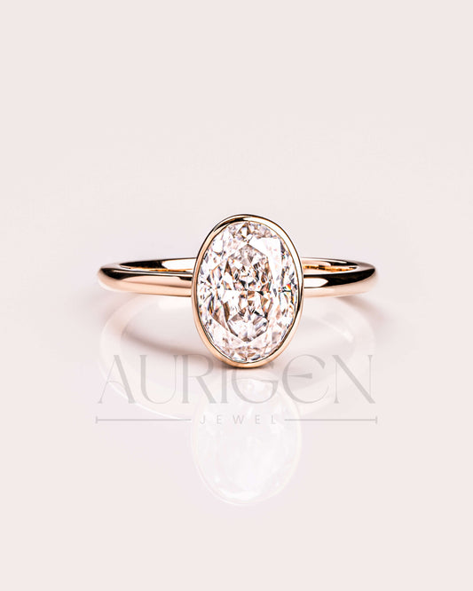 14k Solid Gold Oval Moissanite and Leb Grown Bezel Set Engagement Ring