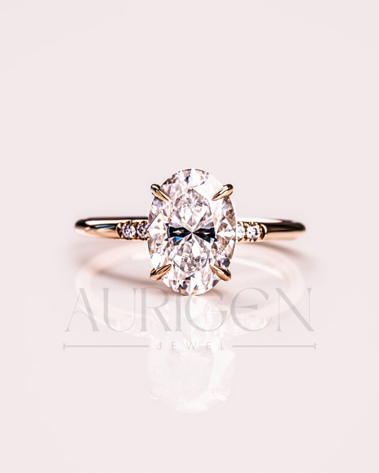 Oval 4-Prong Engagement Ring with Round Side With Hidden Diamond 14k Solid Gold