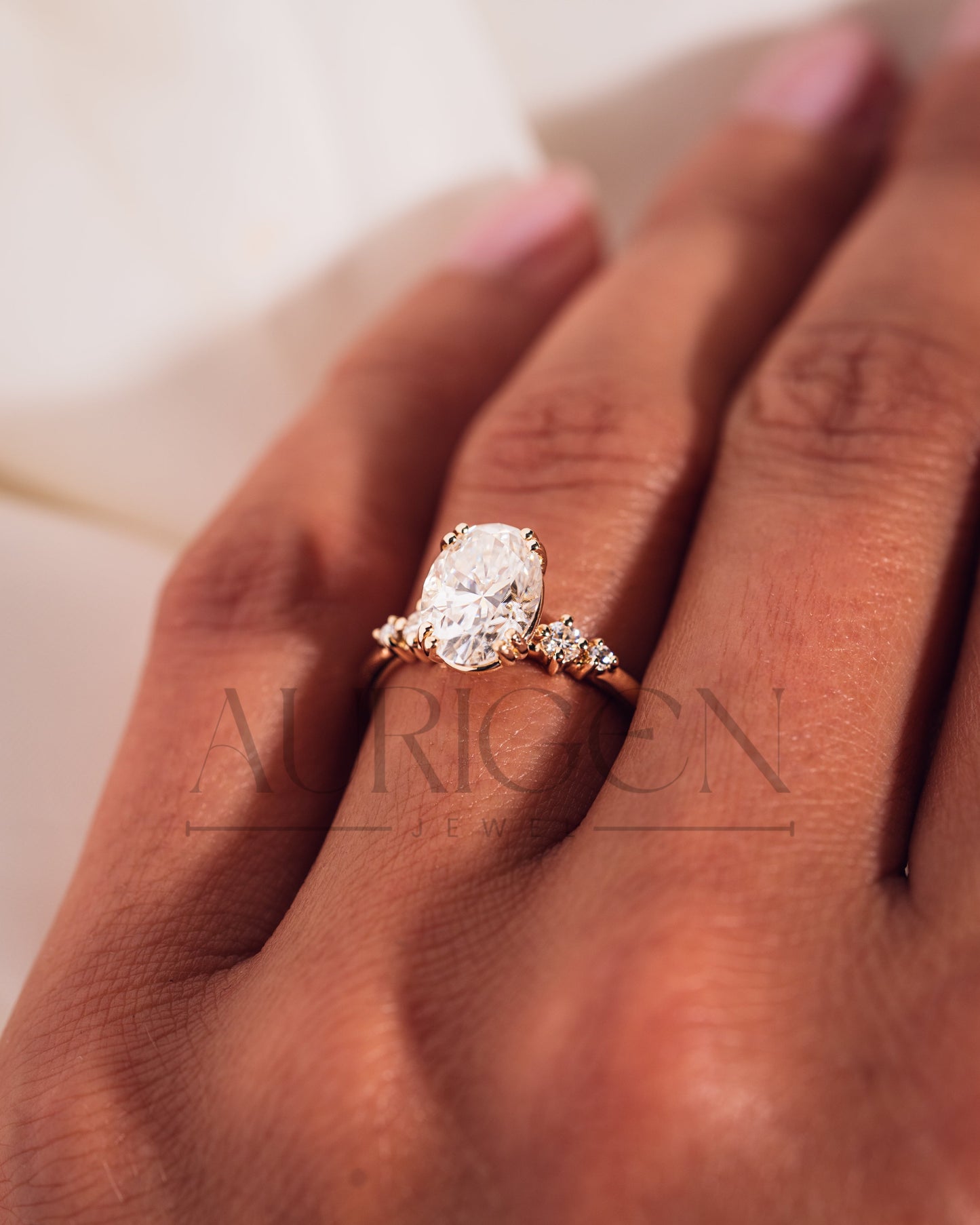 Oval Cut Moissanite and Lab Grown Diamond Engagement Ring with Side Stones