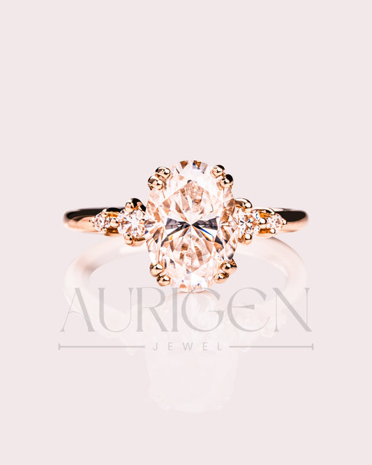 Oval Cut Moissanite and Lab Grown Diamond Engagement Ring with Side Stones