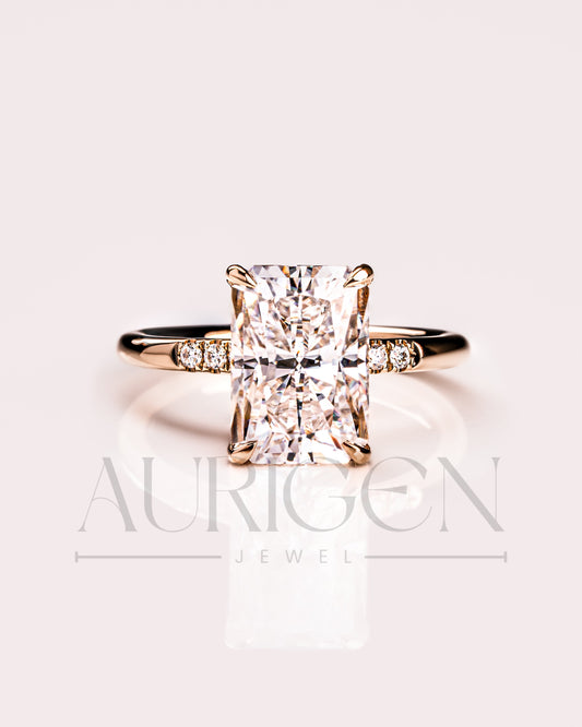 Sparkling 14K Solid Gold Radiant Cut Moissanite and Lab Grown Diamond Ring