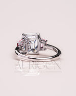 Emerald Cut with Pink Trapezoid Side Stones Engagement Ring in 14k White Gold