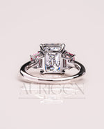 Emerald Cut with Pink Trapezoid Side Stones Engagement Ring in 14k White Gold