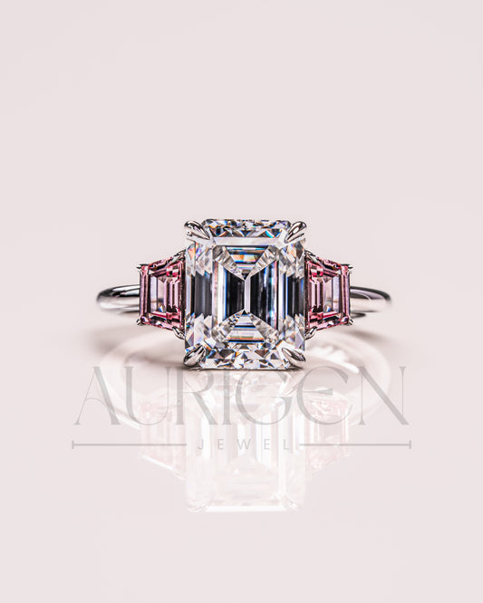 Emerald Cut with Pink Trapezoid Side Stones Engagement Ring in 14k White Gold