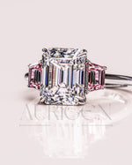 Emerald Cut with Pink Trapezoid Side Stones Engagement Ring in 14k White Gold