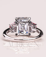 Emerald Cut with Pink Trapezoid Side Stones Engagement Ring in 14k White Gold