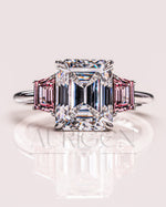 Emerald Cut with Pink Trapezoid Side Stones Engagement Ring in 14k White Gold