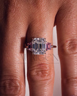 Emerald Cut with Pink Trapezoid Side Stones Engagement Ring in 14k White Gold