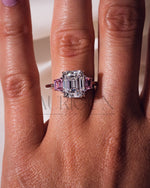 Emerald Cut with Pink Trapezoid Side Stones Engagement Ring in 14k White Gold