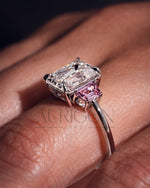 Emerald Cut with Pink Trapezoid Side Stones Engagement Ring in 14k White Gold