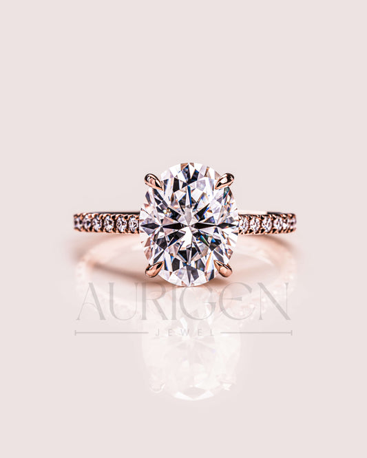 14K Solid Gold Oval Cut Halo and Pave Engagement Ring – Lab Diamond and Moissanite