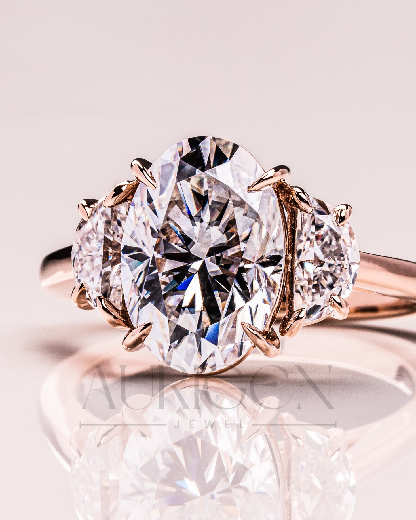 Elegant Oval  Cut Moissanite and Lab Grown Diamond Ring with Half-Moon Stones