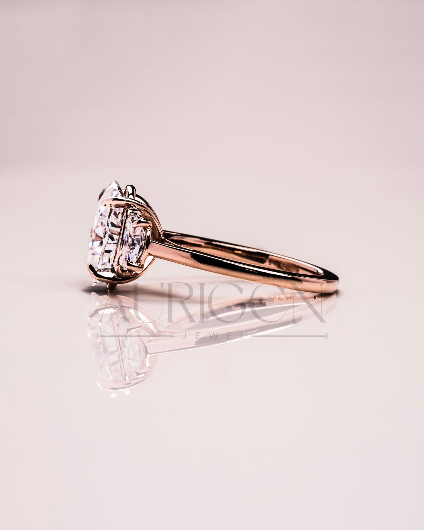 Elegant Oval  Cut Moissanite and Lab Grown Diamond Ring with Half-Moon Stones