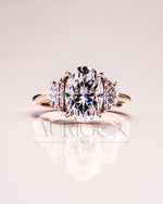 Elegant Oval  Cut Moissanite and Lab Grown Diamond Ring with Half-Moon Stones