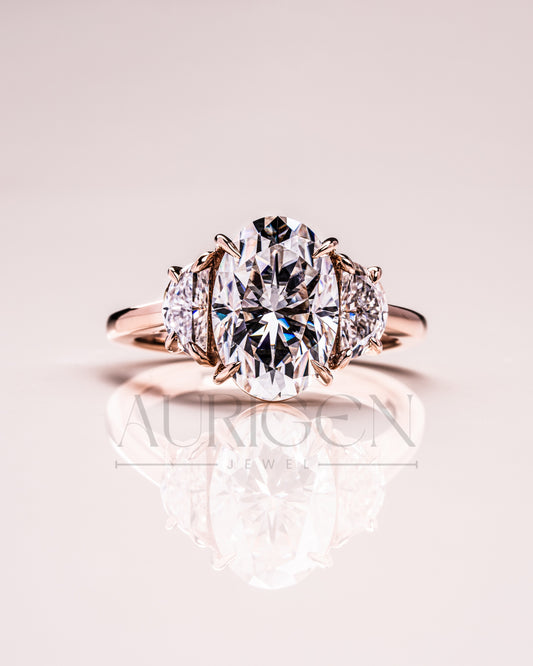 Elegant Oval  Cut Moissanite and Lab Grown Diamond Ring with Half-Moon Stones
