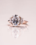 Elegant Oval  Cut Moissanite and Lab Grown Diamond Ring with Half-Moon Stones