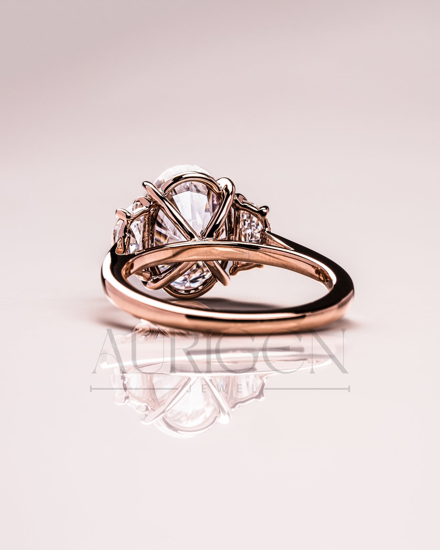 Elegant Oval  Cut Moissanite and Lab Grown Diamond Ring with Half-Moon Stones