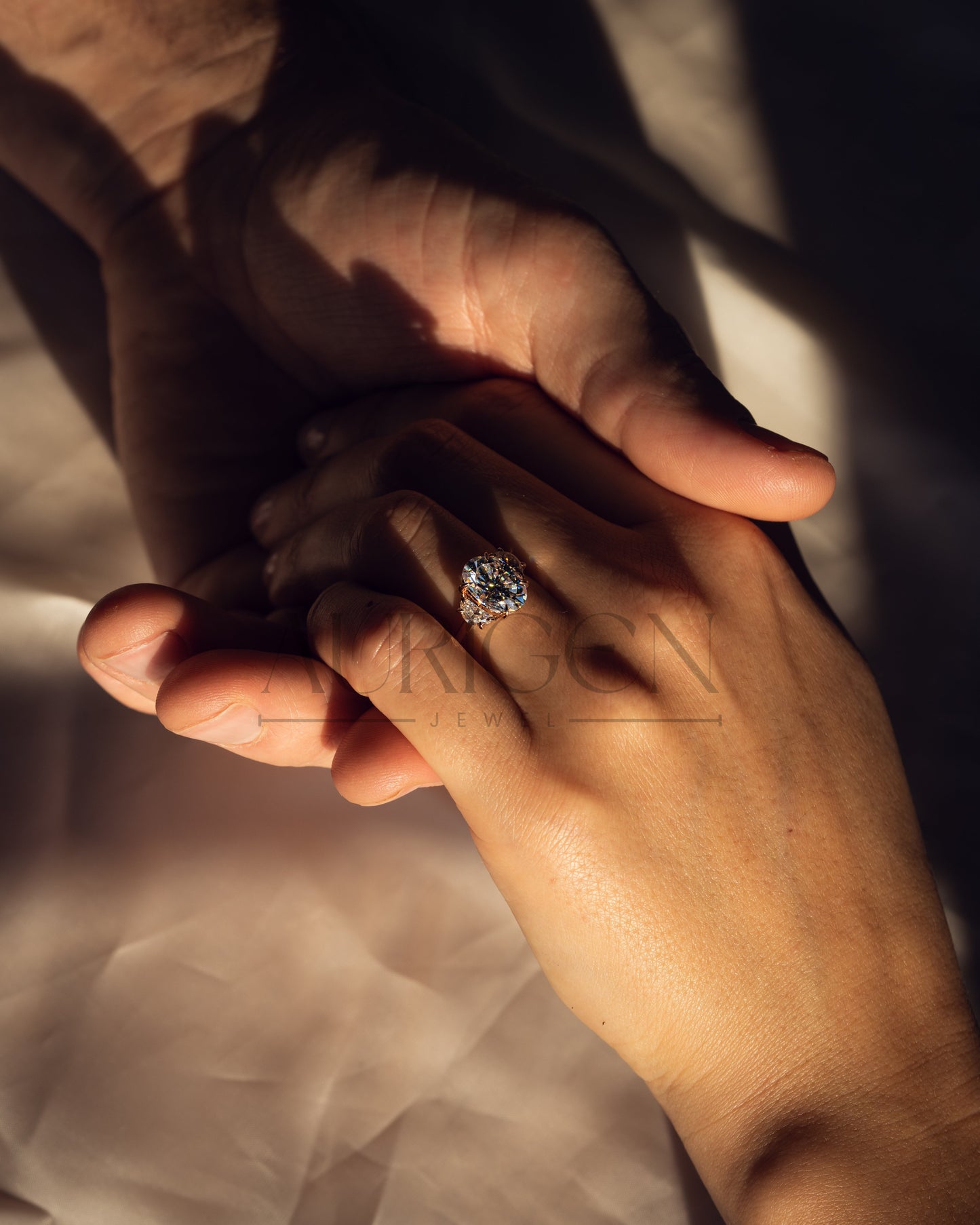 Elegant Oval  Cut Moissanite and Lab Grown Diamond Ring with Half-Moon Stones