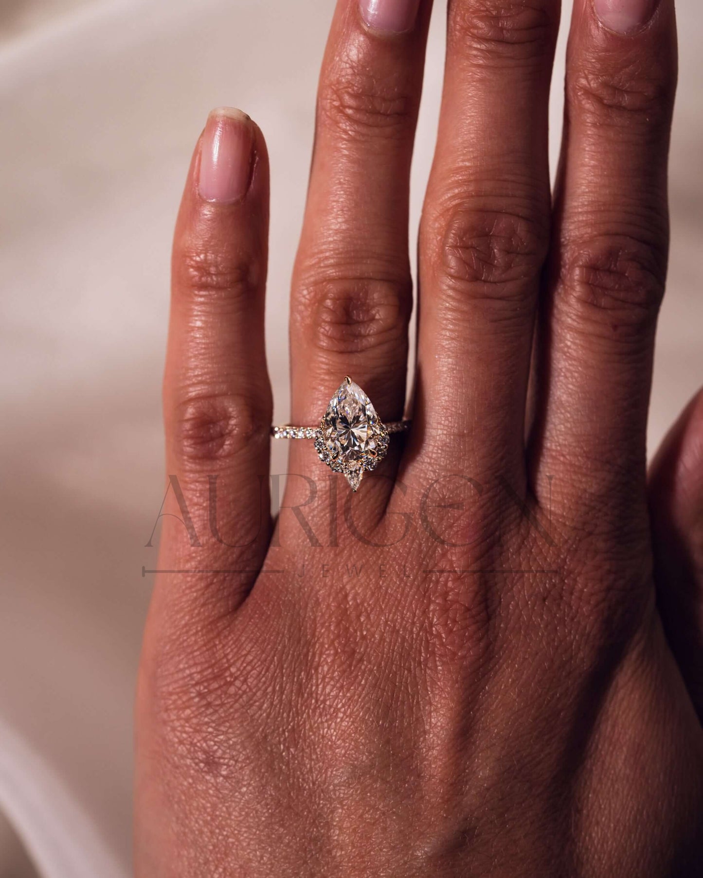Pear Cut Cluster Moissanite & Leb Grown Ring with Pave Diamond in 14k Solid Gold
