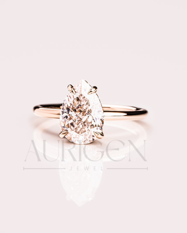 4-Prong Pear Moissanite Engagement Ring Hidden Halo 18K Rose Gold Wedding Ring