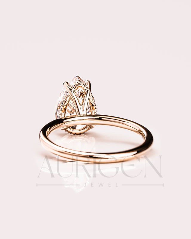 4-Prong Pear Moissanite Engagement Ring Hidden Halo 18K Rose Gold Wedding Ring