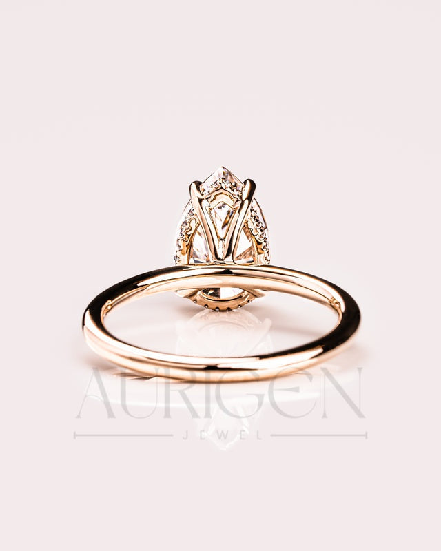 4-Prong Pear Moissanite Engagement Ring Hidden Halo 18K Rose Gold Wedding Ring