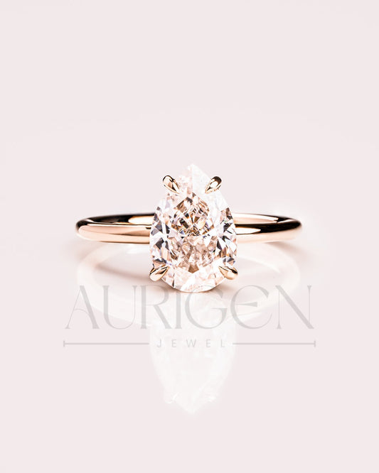 4-Prong Pear Moissanite Engagement Ring Hidden Halo 18K Rose Gold Wedding Ring