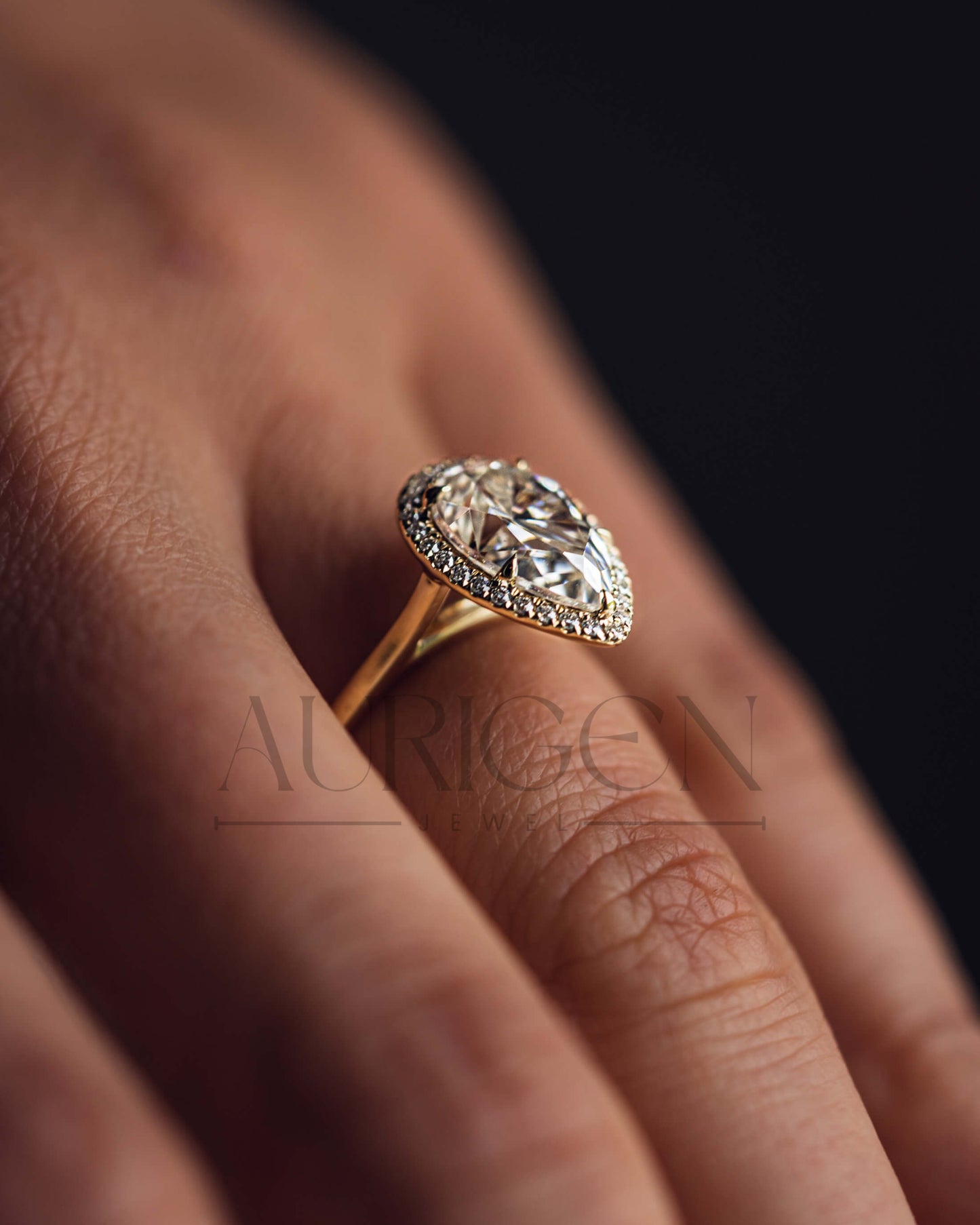 Ice Crushed Pear Cut Moissanite and Lab Grown Halo Ring-14K Solid Gold