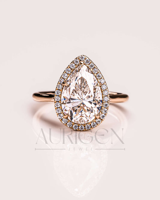 Ice Crushed Pear Cut Moissanite and Lab Grown Halo Ring-14K Solid Gold