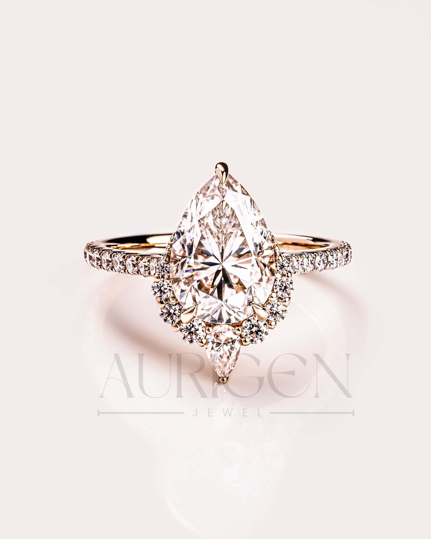 Pear Cut Cluster Moissanite & Leb Grown Ring with Pave Diamond in 14k Solid Gold