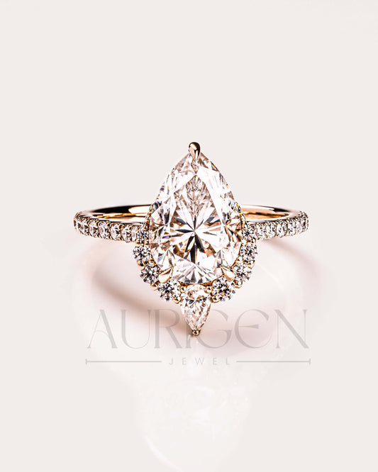 Pear Cut Cluster Moissanite & Leb Grown Ring with Pave Diamond in 14k Solid Gold