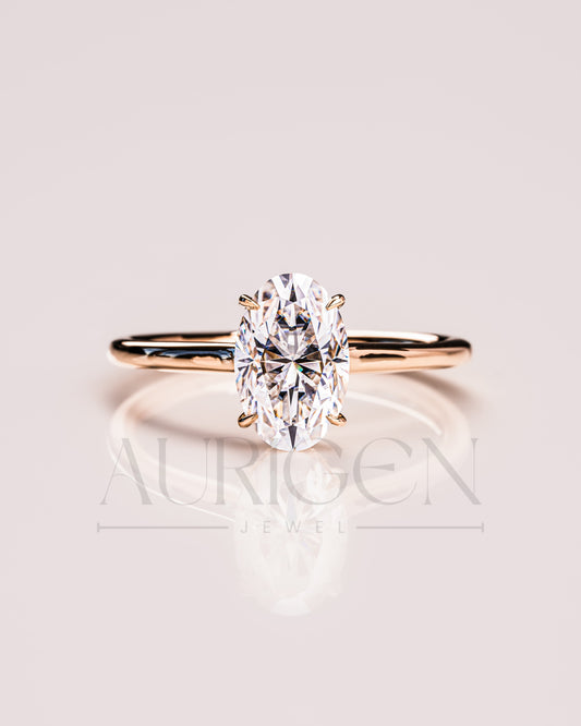 Classic Oval Cut Moissanite Ring Hidden Halo Setting with 14K Solid Gold Engagement Ring