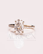 Oval Moissanite & Leb Diamond Ring Sparkling Full Pave Band & Hidden Halo Diamond Ring