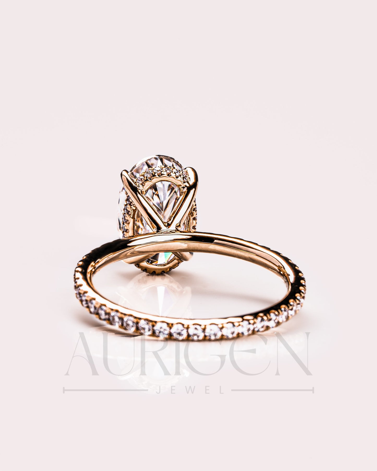 Oval Moissanite & Leb Diamond Ring Sparkling Full Pave Band & Hidden Halo Diamond Ring