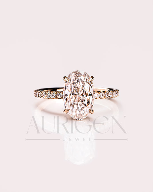 Oval Moissanite & Leb Diamond Ring Sparkling Full Pave Band & Hidden Halo Diamond Ring