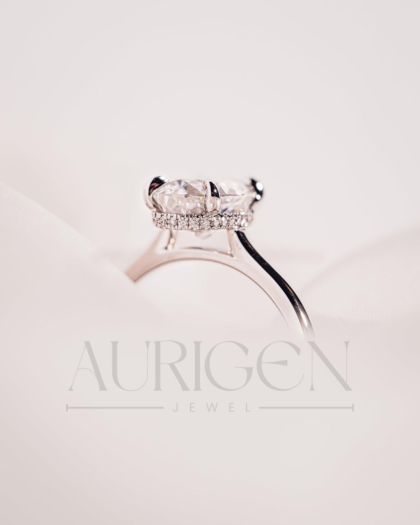 Stunning Oval Cut Crushed Ice Moissanite and Lab Grown Diamond Hidden Halo Ring in 14K Solid Gold