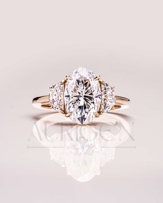Unique Oval & Half Moon Three-Stone Ring in 14k Yellow Gold Engagement Ring