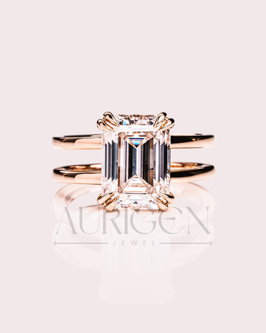 Statement Emerald Cut Lab Grown & Moissanite Diamond Ring on Dual Band Setting