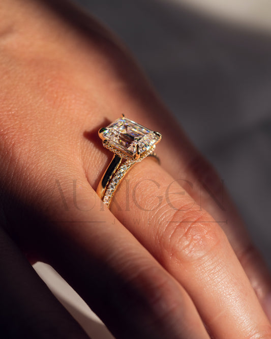 18K Rose Gold Emerald Moissanite & Leb Diamond Engagement Ring with Matching Pave Band