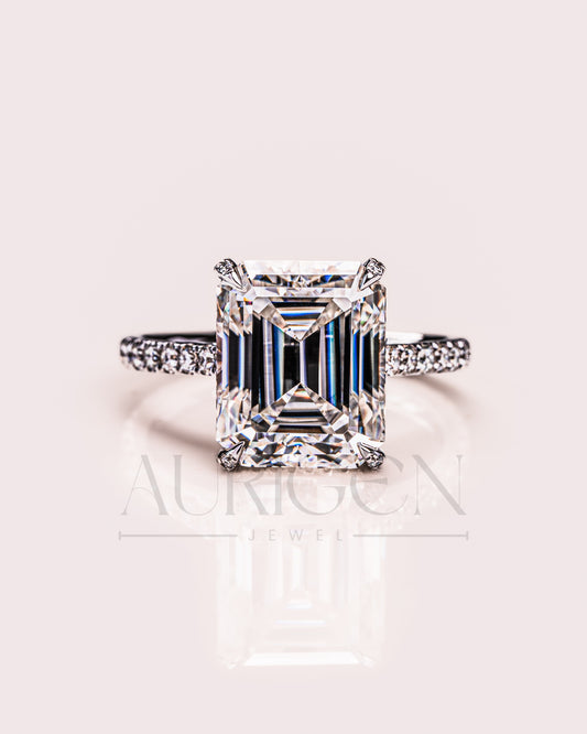 14k White Gold Emerald Cut Moissanite and Leb Engagement Ring Hidden With pave Diamond Ring