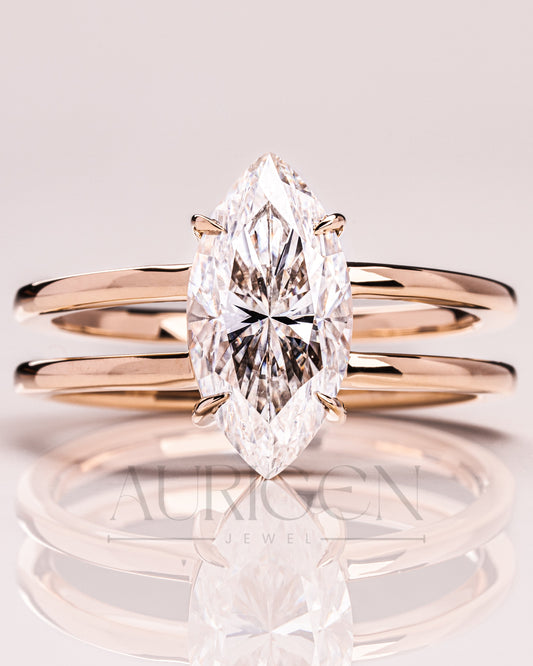 Fine Jewelry 14K Solid Gold Marquise Moissanite and Leb Diamond Ring