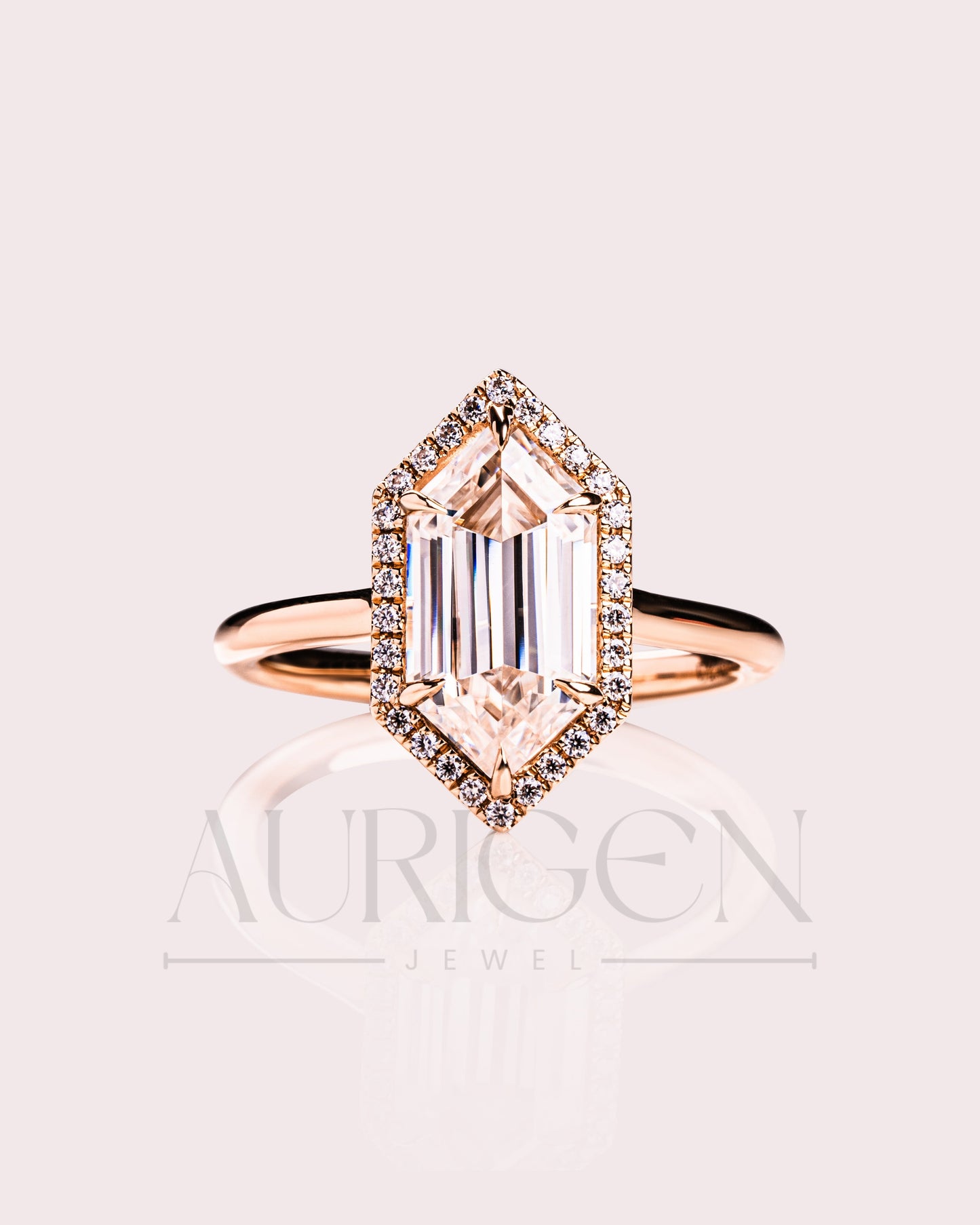 Elongated Hexagon Halo Moisanite and Leb Grown Diamond Engagement Ring 14K Rose Gold