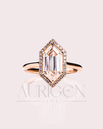 Elongated Hexagon Halo Moisanite and Leb Grown Diamond Engagement Ring 14K Rose Gold