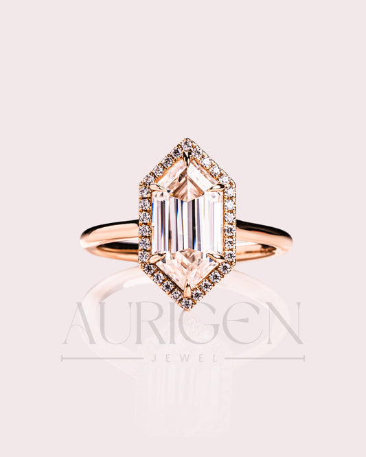 Elongated Hexagon Halo Moisanite and Leb Grown Diamond Engagement Ring 14K Rose Gold