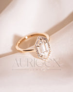 Elongated Hexagon Halo Moisanite and Leb Grown Diamond Engagement Ring 14K Rose Gold