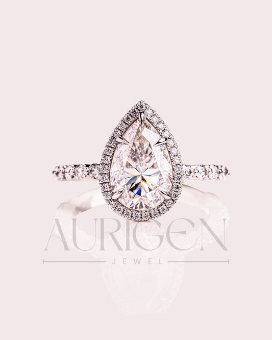 Brilliant Pear Cut Moissanite and Lab Grown Diamond Ring With Halo