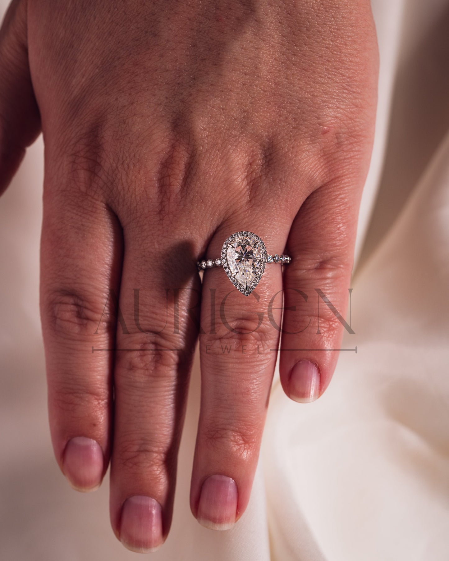 Brilliant Pear Cut Moissanite and Lab Grown Diamond Ring With Halo