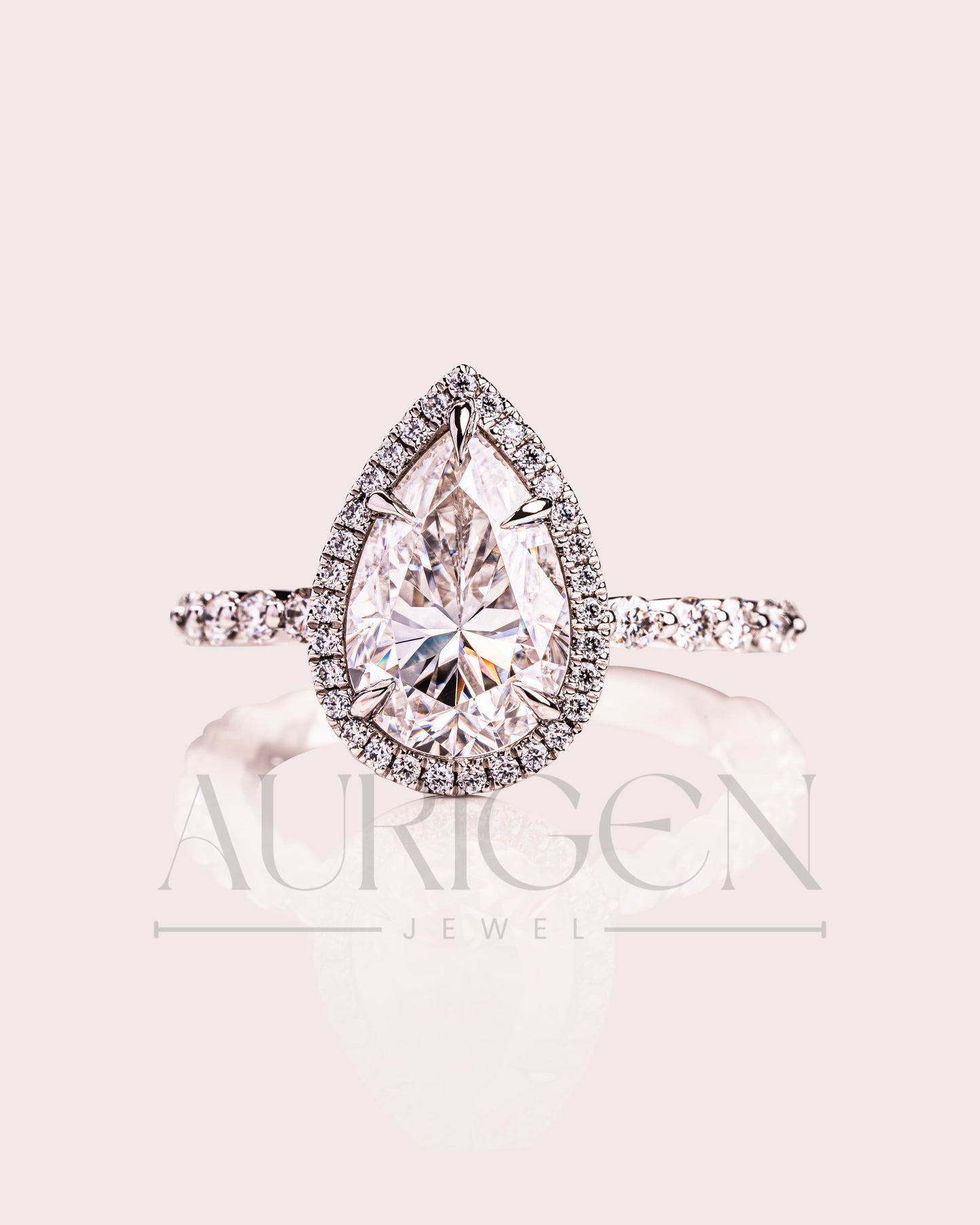 Brilliant Pear Cut Moissanite and Lab Grown Diamond Ring With Halo