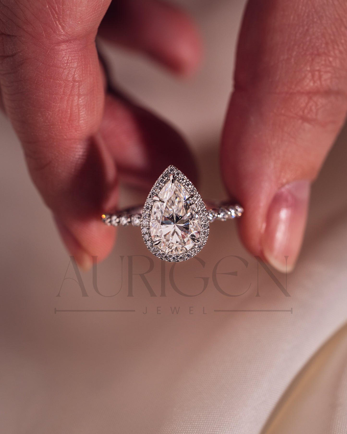 Brilliant Pear Cut Moissanite and Lab Grown Diamond Ring With Halo